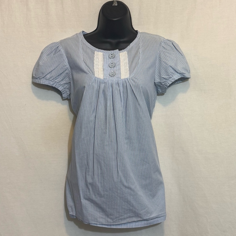 E-3 Gap Blue & White Stripe Short‎ Sleeve Lace Detail Pullover Blouse Size S